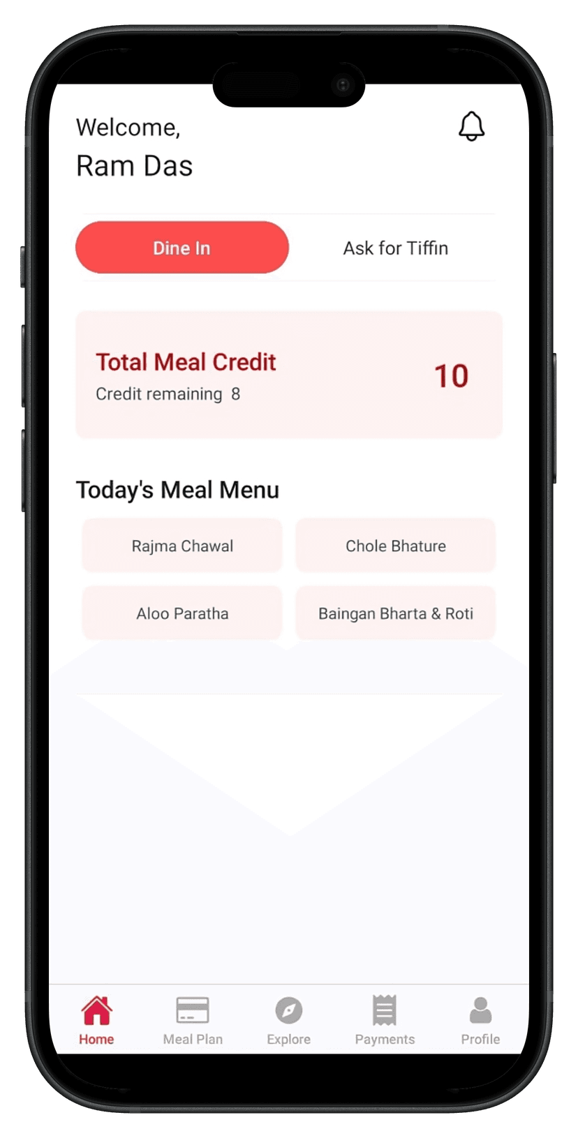 Bharat Tiffin App showing meal plans and delivery options