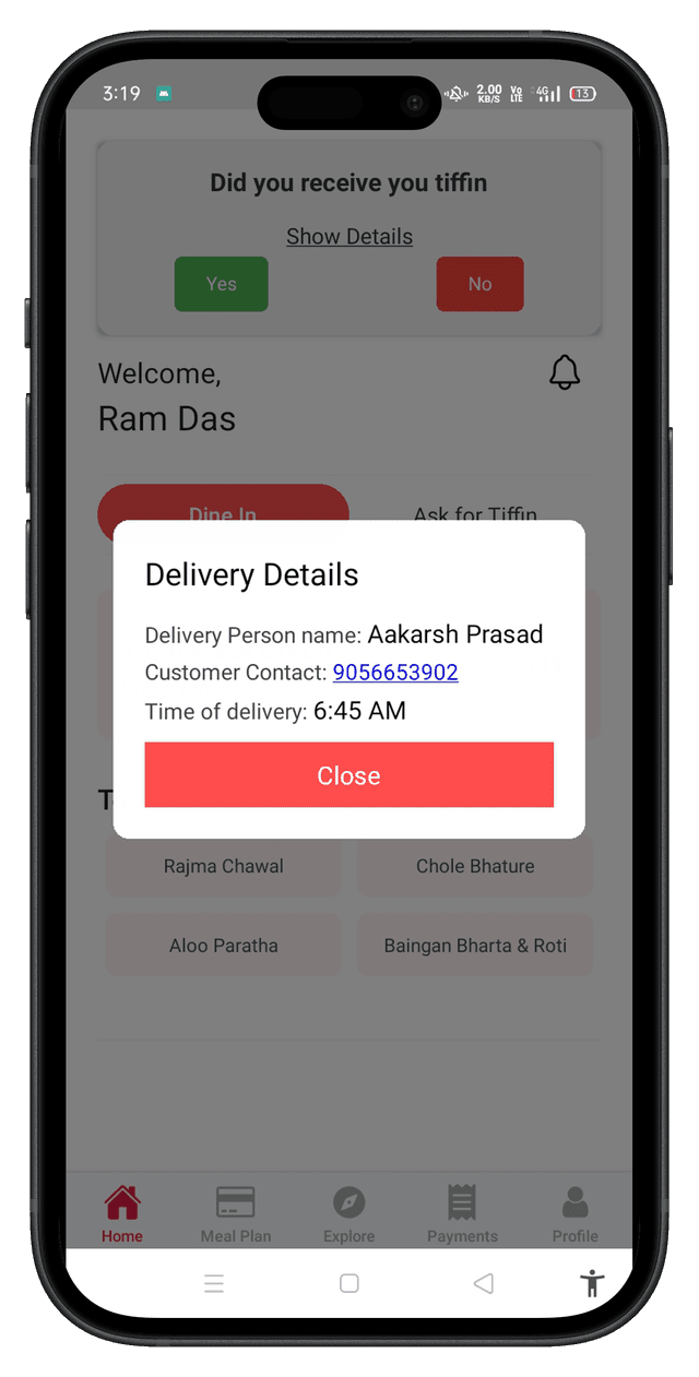 Bharat Tiffin App - Menu Planning Screen